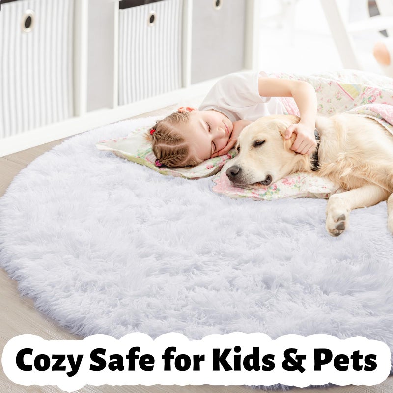 Amdrebio White Fluffy Round Rug 4Ft for Bedroom Aesthetic, Washable Fuzzy Fur Circle Area Rugs for Living Room, Plush Soft Shaggy Carpet for Nursery Dorm, Cute Kids Room Decor for Baby Teen Girls - Image 2